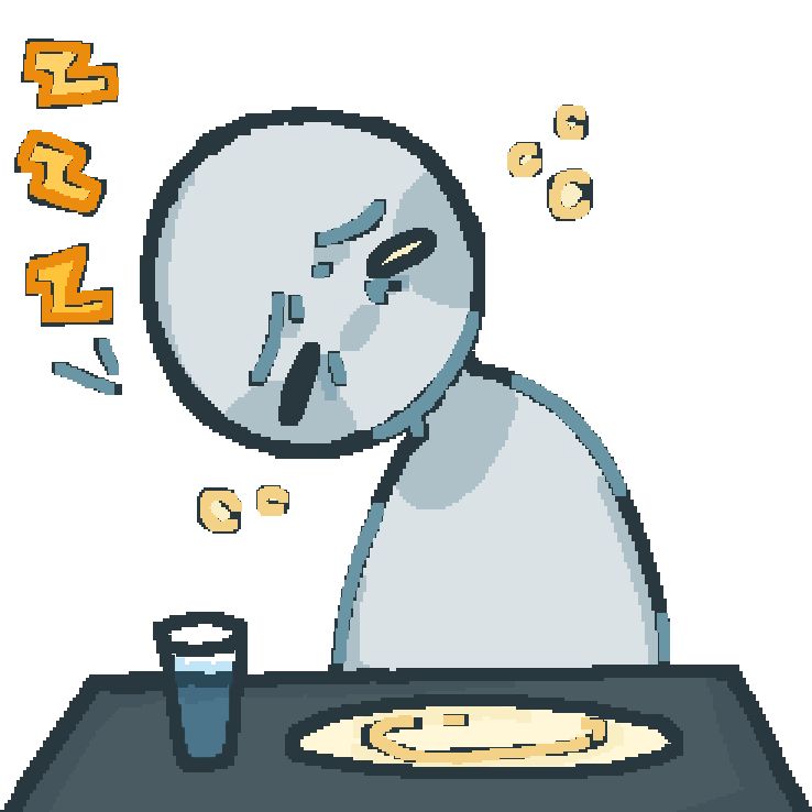 A ms paint style drawing of a grey person slightly leaning over with three yellow Zs by their head and a couple of pale yellow dots also near their head. The grey person is sitting infront of a dark gray table